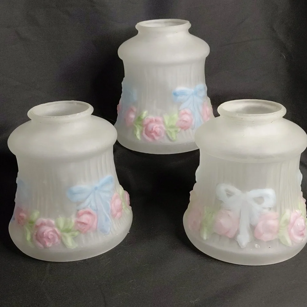 Vintage Penna Frosted Glass Reverse Painted Lightshades with Pastel Accents
